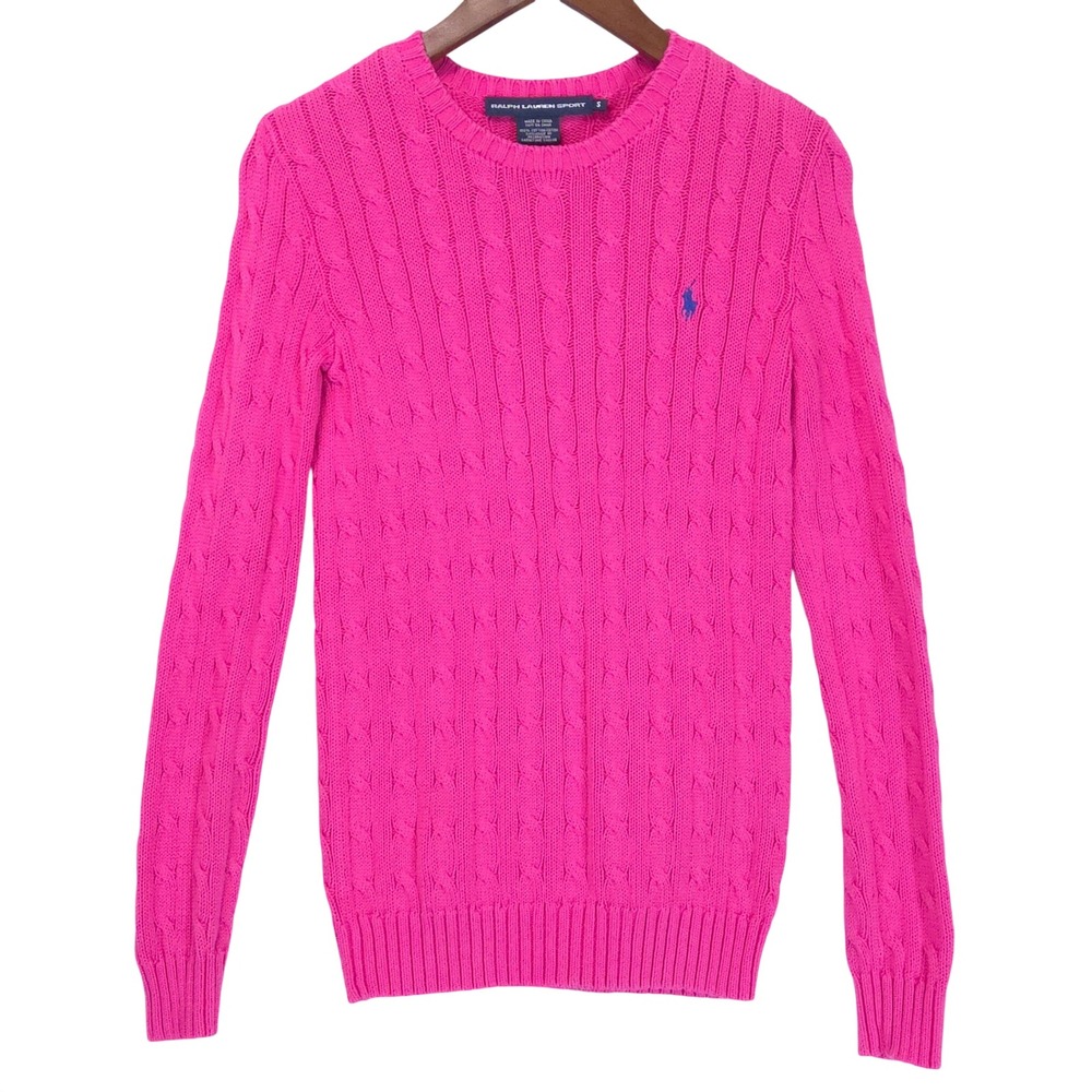 Ralph Lauren Sport Cable Knit Sweater Women S Hot Pink Blue Pony Cotton Preppy